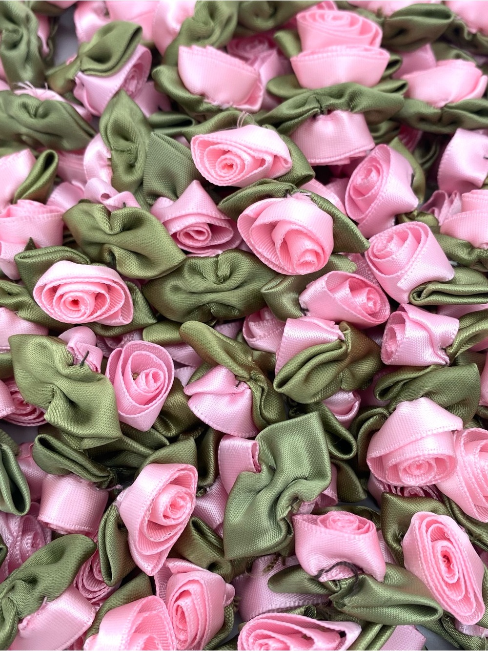 Pink Satin Rose Bud Flower Appliques w/ Green Leaves, Sew-On, Lot of 395